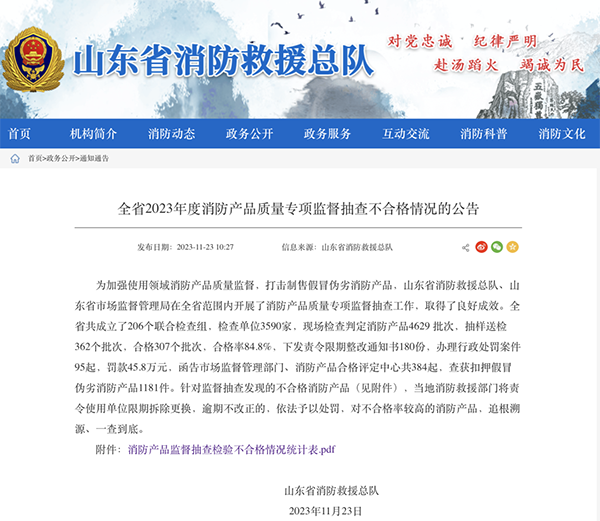 山東全省2023年度消防產(chǎn)品質(zhì)量專(zhuān)項(xiàng)監(jiān)督抽查