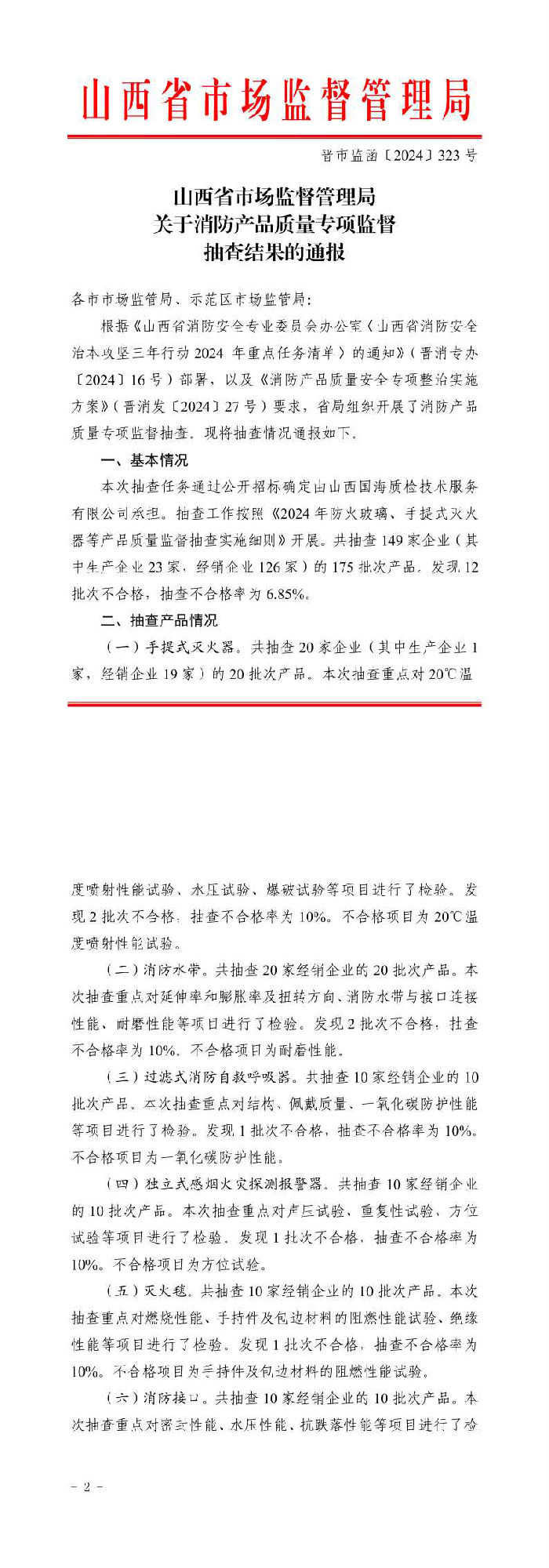 山西：消防產品質量專項監督抽查175批次，不合格12批次！